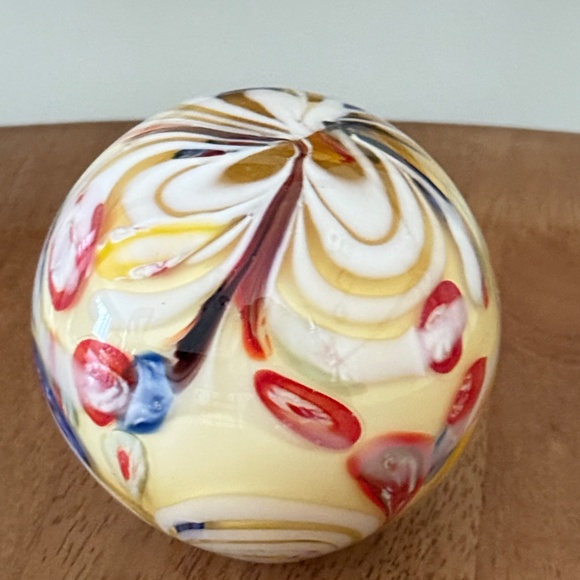 Vintage Murano Style Art Glass Swirl Millefiori Blue Red Yellow 4” Paperweight - Picture 5 of 9